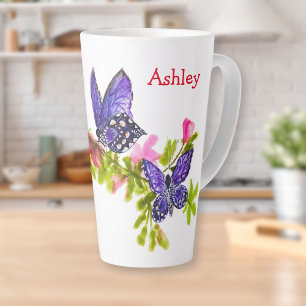 Tasse Latte Bouteille et fleurs d'aquarelle pourpre personnali