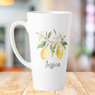 Tasse Latte Branche d'arbre Fleurs Blanches Fruits Citron Mono