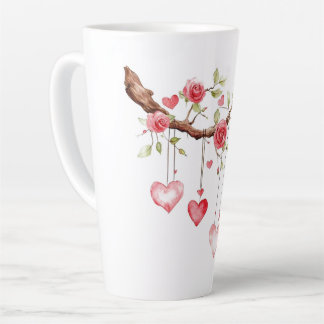 Tasse Latte Branche de roses roses à l'aquarelle avec coeurs s