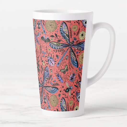 Tasse Latte Bugs de Doodle sur corail rouge (Droite)