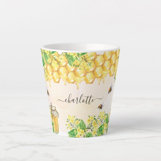 Tasse Latte Bumble abeilles miel fleurons jaunes nom script (Devant)