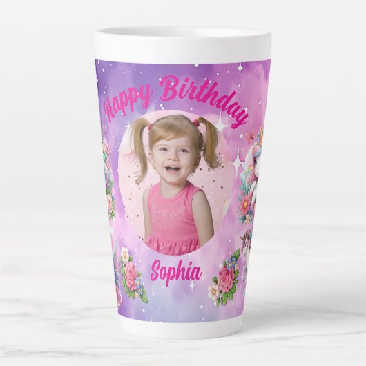 Tasse Latte Cadeau Anniversaire Fille Licorne Fleur Magique Ph (Devant)