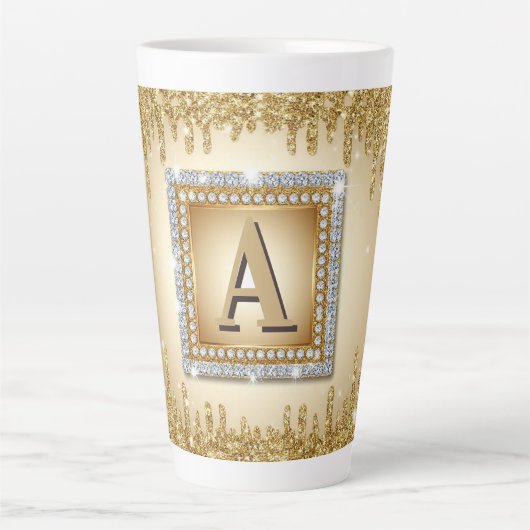 Tasse Latte ✨ Cadre de monogramme de nom en or diamant ✨ (Devant)