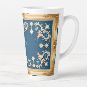 Tasse Latte Cadre doré élégant orné de pierres précieuses bleu