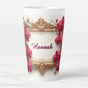Tasse Latte Cadre floral orné rouge élégant avec or