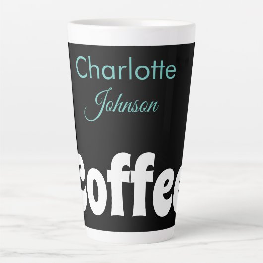 Tasse Latte Café | Nom Stylish Black Turquoise Typographie (Devant)