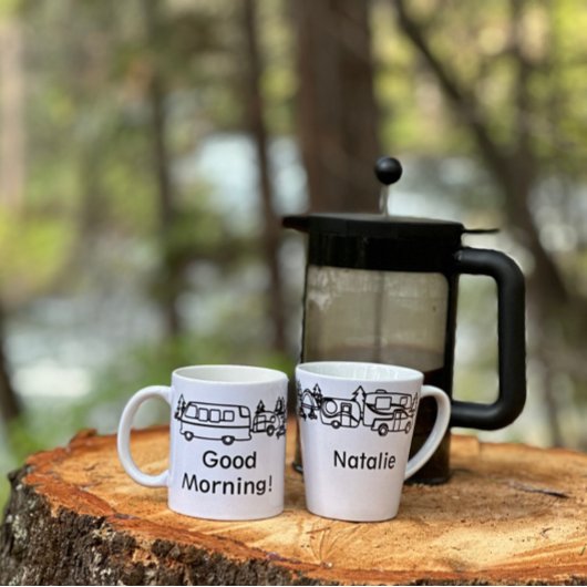 Tasse Latte Campeurs heureux en noir et blanc Personnalisé Lat