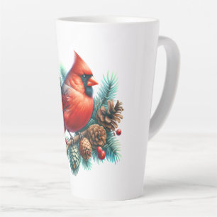 Tasse Latte Cardinal sur une branche de pin avec des baies d'h