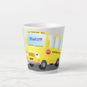Tasse Latte Caricature du bus scolaire jaune joyeux