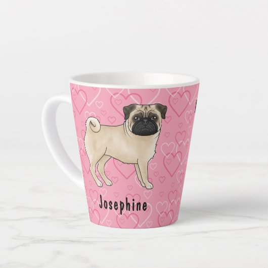 Tasse Latte Carlin Fun Chien Cute Mops Et Coeurs Rose Avec Nom (Angle gauche)