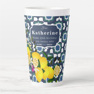 Tasse Latte Carreaux Méditerranéens au Citron Bleu Nuit Blanc