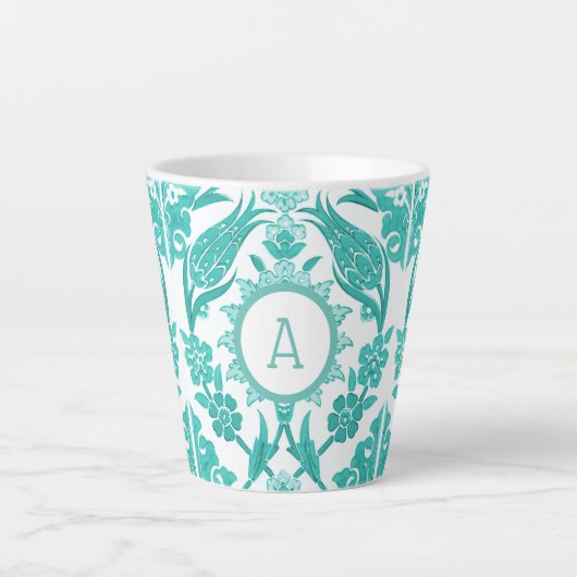 Tasse Latte Carrelage Turquoise et blanc | Monogramme (Devant)