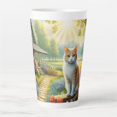 Tasse Latte Chalet de printemps/jardin & chat (Devant)
