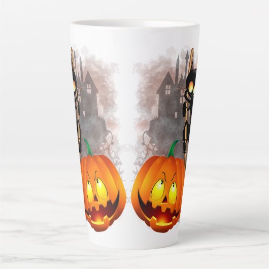Tasse Latte Chat effrayé par Citrouille Fun Halloween caractèr (Devant)