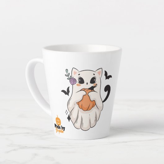 Tasse Latte Chat Fantôme mignon avec Citrouille | Éffrayant Ha (Angle gauche)