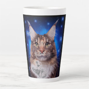Tasse Latte Chat Maine Coon Fond Bleu Étoiles