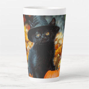 Tasse Latte Chat noir d'Halloween et Citrouille