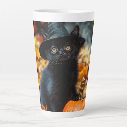 Tasse Latte Chat noir d'Halloween et Citrouille (Devant)