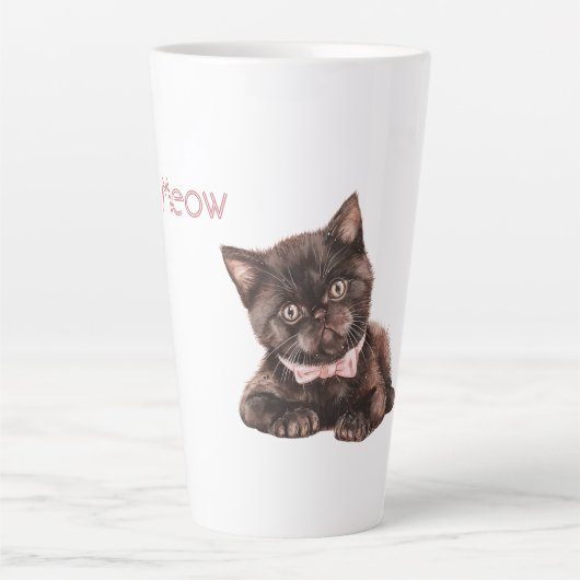 Tasse Latte Chat noir ruban rose (Devant)