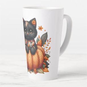 Tasse Latte Chat noir sur Citrouille avec Motif de courtepoint