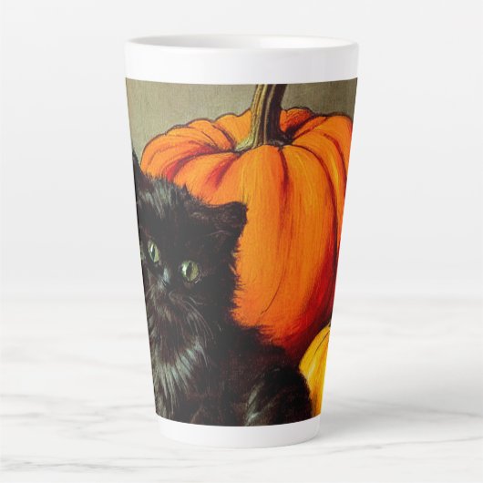 Tasse Latte Chat noir vintage d'Halloween et Citrouilles (Devant)