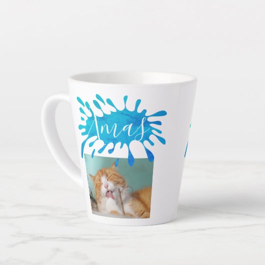 Tasse Latte Chat Pet Bleu Xmas Script Photo Noël (Angle gauche)