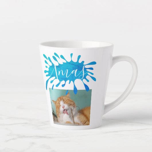 Tasse Latte Chat Pet Bleu Xmas Script Photo Noël (Droite)