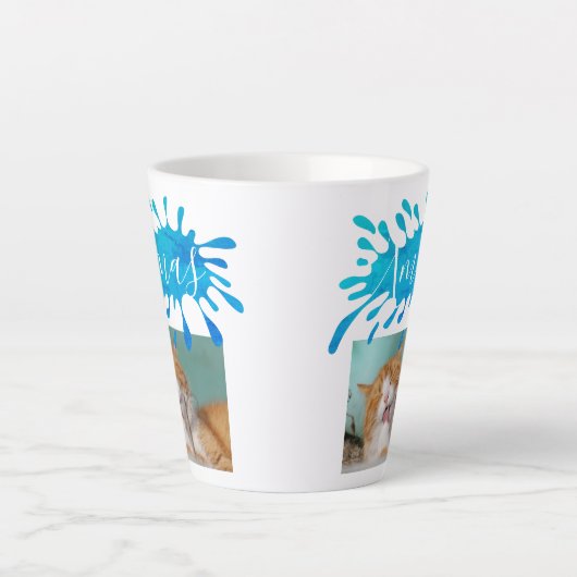 Tasse Latte Chat Pet Bleu Xmas Script Photo Noël (Devant)