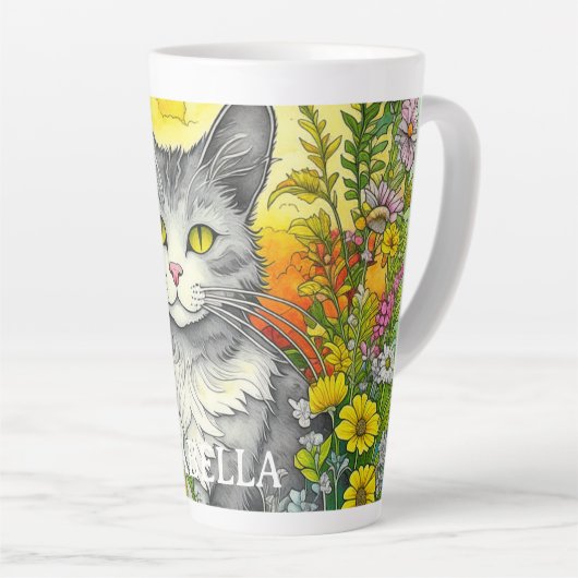 Tasse Latte Chat Whimsical Personnalisé et Fleurs (Angle droit)