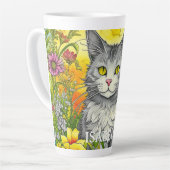 Tasse Latte Chat Whimsical Personnalisé et Fleurs (Angle gauche)