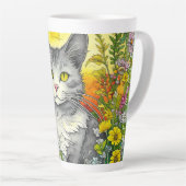 Tasse Latte Chat Whimsical Personnalisé et Fleurs (Angle droit)