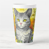Tasse Latte Chat Whimsical Personnalisé et Fleurs (Devant)