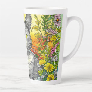 Tasse Latte Chat Whimsical Personnalisé et Fleurs