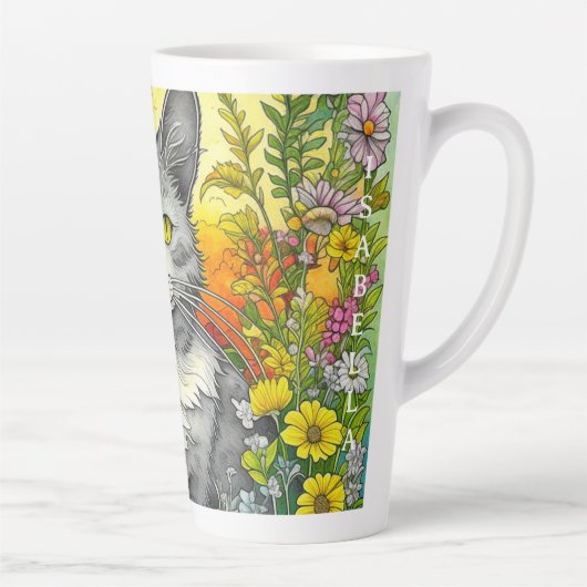 Tasse Latte Chat Whimsical Personnalisé et Fleurs (Droite)
