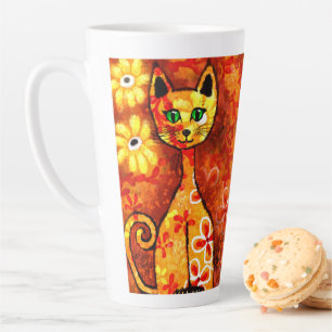 Tasse Latte Chat Whimsical Rétro Kitty Floral Orange Jaune Rou