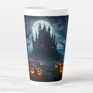 Tasse Latte Château sombre, médiéval, chauves-souris & citroui