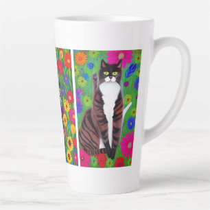 Tasse Latte Chats et fleurs colorés d'art populaire   Art AI