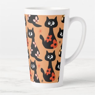 Tasse Latte Chats noirs floraux rétro (orange)