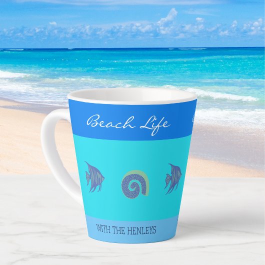 Tasse Latte Chic Blue Stripes Poisson Nom de famille Maison de
