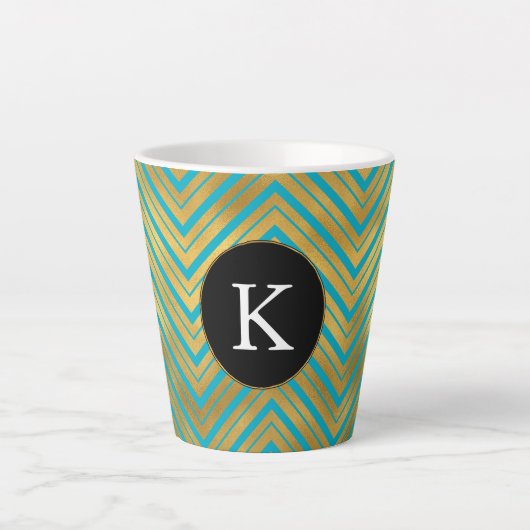 Tasse Latte Chic Turquoise Aqua Blue Gold Chevron Monogram (Devant)