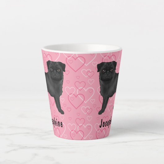 Tasse Latte Chien Carlin Noir Mops Cute Mops Et Coeurs Rose Av (Devant)