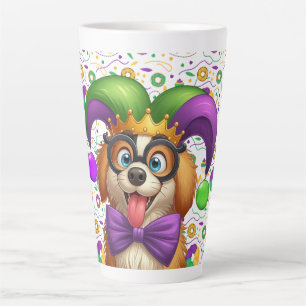 Tasse Latte Chien chiot mignon Mardi Gras en casquette jester