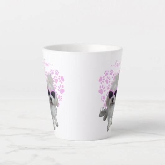 Tasse Latte Chien maltais mignon avec lunettes de soleil roses (Devant)