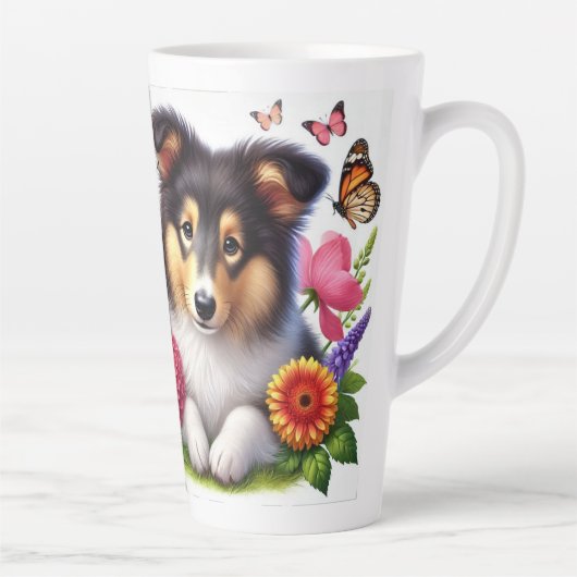 Tasse Latte Chien-mouton Shetland avec fleurs et papillons (Droite)