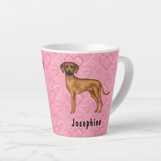 Tasse Latte Chien Rhodesian Ridgeback Sur Coeurs Rose Avec Nom (Angle droit)