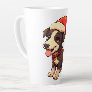 Tasse Latte Chiot de Noël mignon et joyeux avec un chapeau de