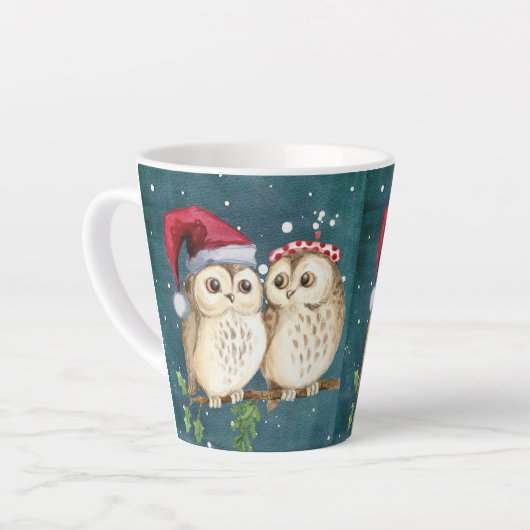 Tasse Latte Chouettes Noël Soirée Père Noël Casquette rouge (Angle gauche)