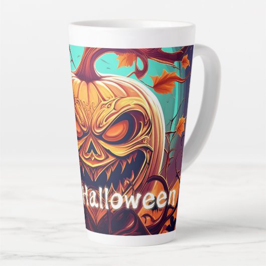 Tasse Latte Citrouille orange effrayant avec visage, Halloween (Angle droit)