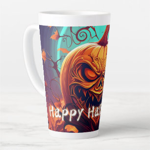 Tasse Latte Citrouille orange effrayant avec visage, Halloween