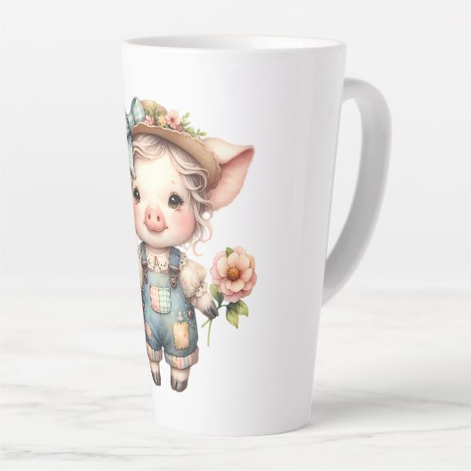 Tasse Latte Cochon fermier mignon dans les salons avec fleurs (Angle droit)